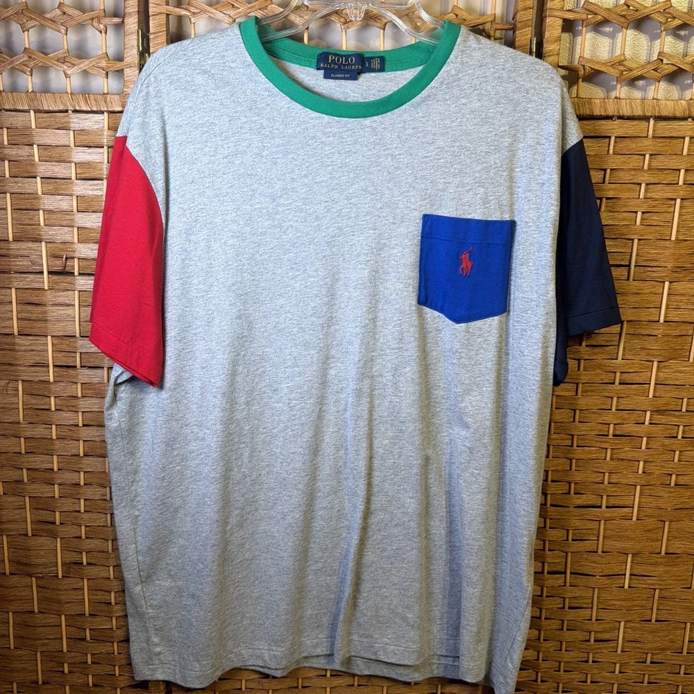 Polo Ralph Lauren Shirt Mens Large Gray Color Block Short Sleeve Pocket Crew